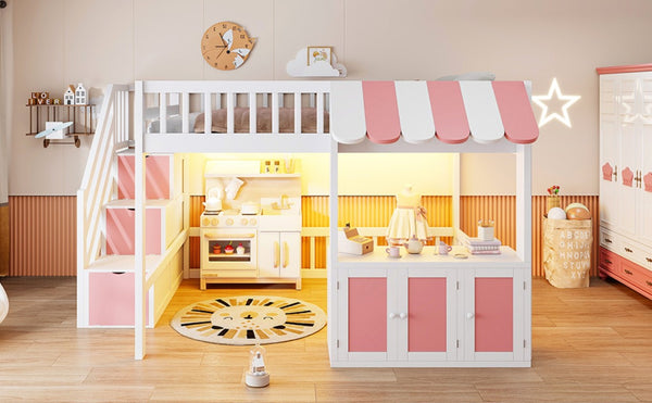 English Elm Full Size Playhouse Loft Bed with LED Lighting Storage Steps and Under Cabin White+Pink N820S00094H