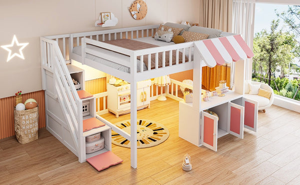 English Elm Full Size Playhouse Loft Bed with LED Lighting Storage Steps and Under Cabin White+Pink N820S00094H