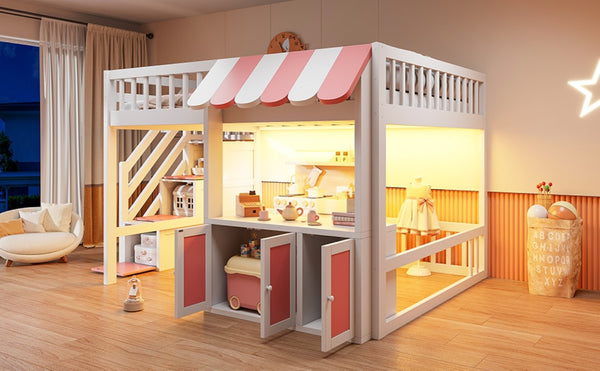 English Elm Full Size Playhouse Loft Bed with LED Lighting Storage Steps and Under Cabin White+Pink N820S00094H