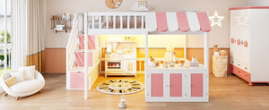 English Elm Full Size Playhouse Loft Bed with LED Lighting Storage Steps and Under Cabin White+Pink N820S00094H