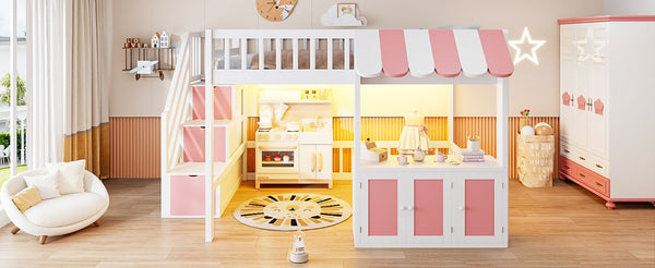 English Elm Full Size Playhouse Loft Bed with LED Lighting Storage Steps and Under Cabin White+Pink N820S00094H