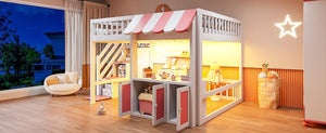 English Elm Full Size Playhouse Loft Bed with LED Lighting Storage Steps and Under Cabin White+Pink N820S00094H