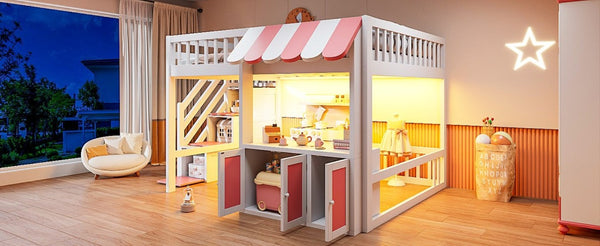 English Elm Full Size Playhouse Loft Bed with LED Lighting Storage Steps and Under Cabin White+Pink N820S00094H