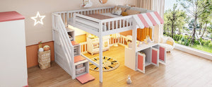 English Elm Full Size Playhouse Loft Bed with LED Lighting Storage Steps and Under Cabin White+Pink N820S00094H