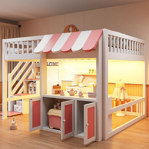 English Elm Full Size Playhouse Loft Bed with LED Lighting Storage Steps and Under Cabin White+Pink N820S00094H