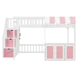 English Elm Full Size Playhouse Loft Bed with LED Lighting Storage Steps and Under Cabin White+Pink N820S00094H
