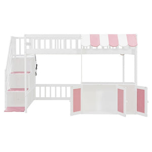English Elm Full Size Playhouse Loft Bed with LED Lighting Storage Steps and Under Cabin White+Pink N820S00094H
