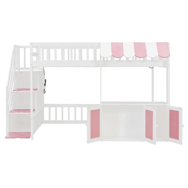 English Elm Full Size Playhouse Loft Bed with LED Lighting Storage Steps and Under Cabin White+Pink N820S00094H