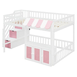 English Elm Full Size Playhouse Loft Bed with LED Lighting Storage Steps and Under Cabin White+Pink N820S00094H