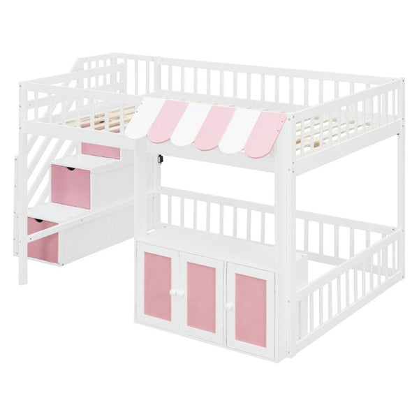 English Elm Full Size Playhouse Loft Bed with LED Lighting Storage Steps and Under Cabin White+Pink N820S00094H