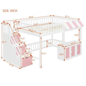 English Elm Full Size Playhouse Loft Bed with LED Lighting Storage Steps and Under Cabin White+Pink N820S00094H
