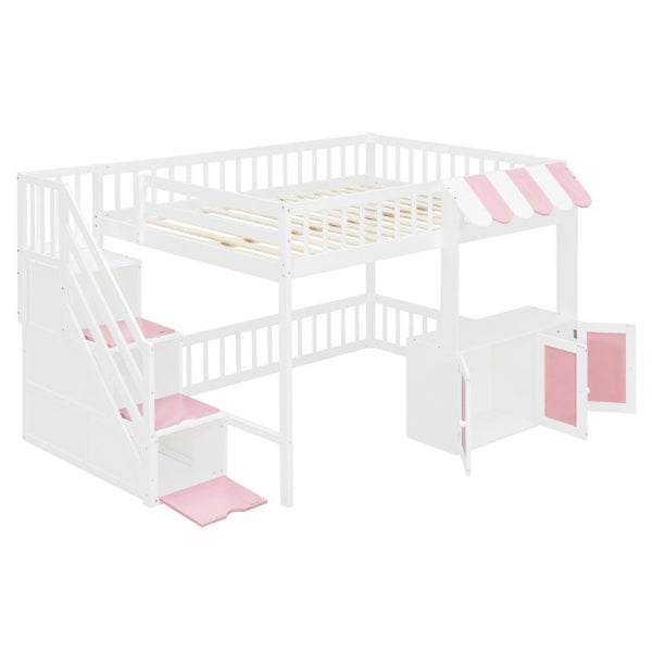 English Elm Full Size Playhouse Loft Bed with LED Lighting Storage Steps and Under Cabin White+Pink N820S00094H