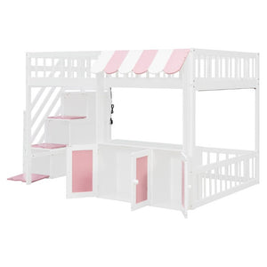 English Elm Full Size Playhouse Loft Bed with LED Lighting Storage Steps and Under Cabin White+Pink N820S00094H