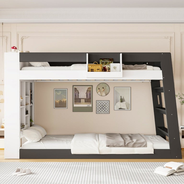 English Elm Queen Murphy Wall Bed with Hydraulic Lift Desk and Built-In Cabinet Storage White+Black 93.1 L x 40.5 W x 54.9 H N820S00095B