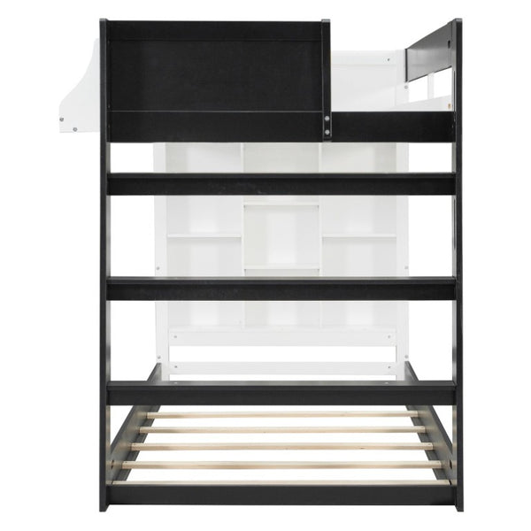 English Elm Queen Murphy Wall Bed with Hydraulic Lift Desk and Built-In Cabinet Storage White+Black 93.1 L x 40.5 W x 54.9 H N820S00095B