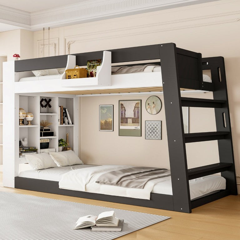 English Elm Queen Murphy Wall Bed with Hydraulic Lift Desk and Built-In Cabinet Storage White+Black 93.1 L x 40.5 W x 54.9 H N820S00095B