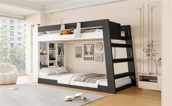 English Elm Queen Murphy Wall Bed with Hydraulic Lift Desk and Built-In Cabinet Storage White+Black 93.1 L x 40.5 W x 54.9 H N820S00095B