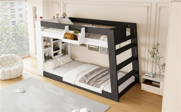 English Elm Queen Murphy Wall Bed with Hydraulic Lift Desk and Built-In Cabinet Storage White+Black 93.1 L x 40.5 W x 54.9 H N820S00095B