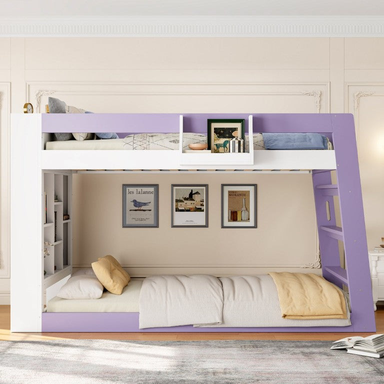 English Elm Twin Over XL Bunk Bed with Built-In Shelves and Guardrail Basket for Kids White+Purple 93.1 L x 40.5 W x 54.9 H N820S00095I