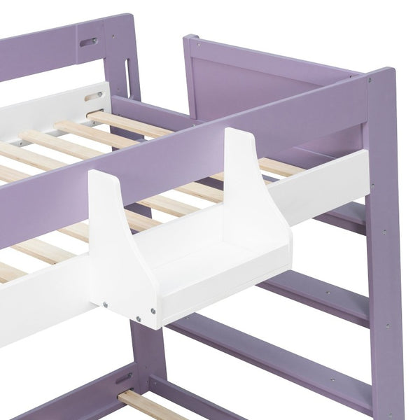 English Elm Twin Over XL Bunk Bed with Built-In Shelves and Guardrail Basket for Kids White+Purple 93.1 L x 40.5 W x 54.9 H N820S00095I