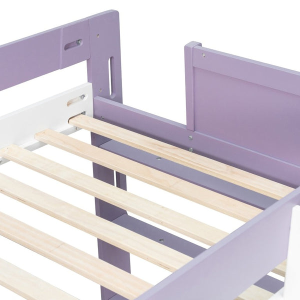 English Elm Twin Over XL Bunk Bed with Built-In Shelves and Guardrail Basket for Kids White+Purple 93.1 L x 40.5 W x 54.9 H N820S00095I