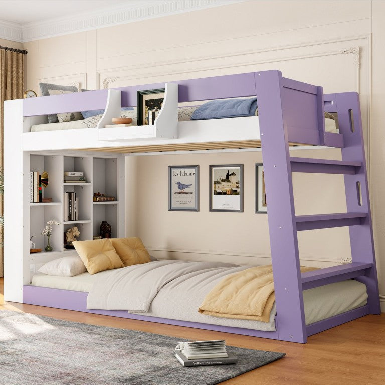 English Elm Twin Over XL Bunk Bed with Built-In Shelves and Guardrail Basket for Kids White+Purple 93.1 L x 40.5 W x 54.9 H N820S00095I
