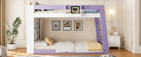 English Elm Twin Over XL Bunk Bed with Built-In Shelves and Guardrail Basket for Kids White+Purple 93.1 L x 40.5 W x 54.9 H N820S00095I