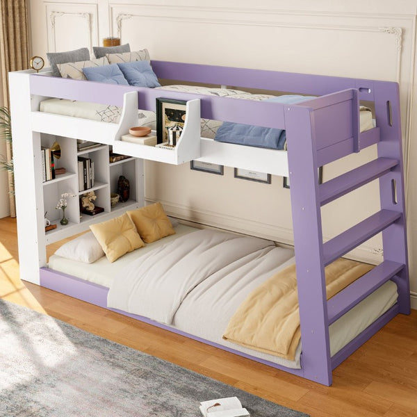 English Elm Twin Over XL Bunk Bed with Built-In Shelves and Guardrail Basket for Kids White+Purple 93.1 L x 40.5 W x 54.9 H N820S00095I
