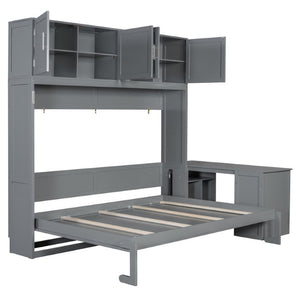 English Elm Queen Murphy Wall Bed with Hydraulic Lift Desk and Built-In Cabinet Storage Gray 109.6 L x 67.9 W x 90.5 H N820S10034E-2