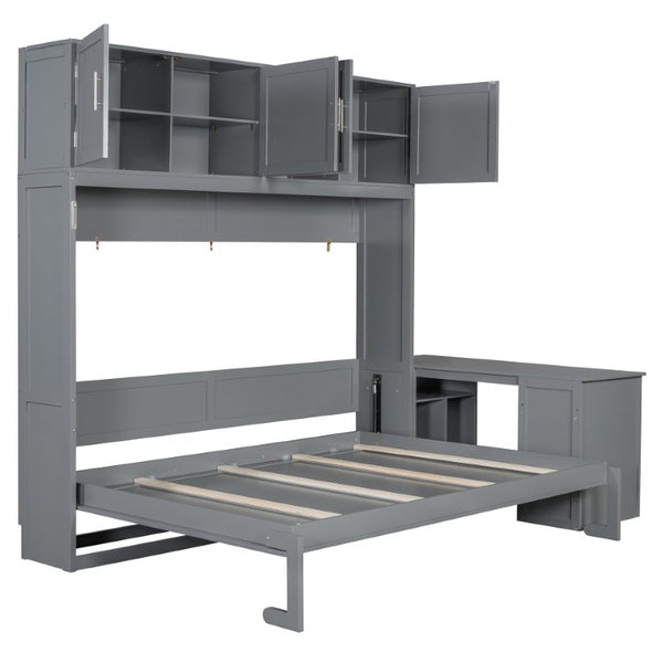 English Elm Queen Murphy Wall Bed with Hydraulic Lift Desk and Built-In Cabinet Storage Gray 109.6 L x 67.9 W x 90.5 H N820S10034E-2