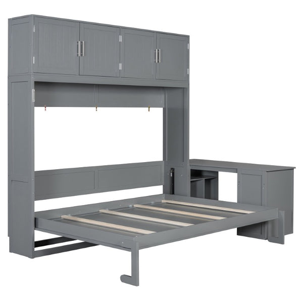 English Elm Queen Murphy Wall Bed with Hydraulic Lift Desk and Built-In Cabinet Storage Gray 109.6 L x 67.9 W x 90.5 H N820S10034E-2