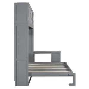 English Elm Queen Murphy Wall Bed with Hydraulic Lift Desk and Built-In Cabinet Storage Gray 109.6 L x 67.9 W x 90.5 H N820S10034E-2