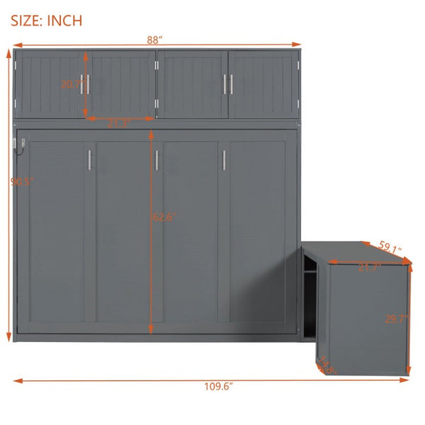 English Elm Queen Murphy Wall Bed with Hydraulic Lift Desk and Built-In Cabinet Storage Gray 109.6 L x 67.9 W x 90.5 H N820S10034E-2