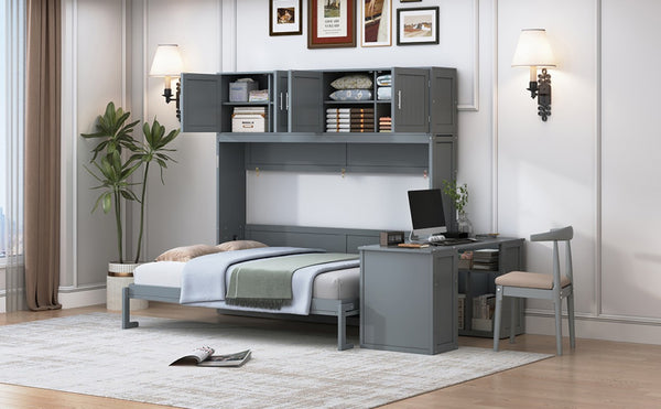 English Elm Queen Murphy Wall Bed with Hydraulic Lift Desk and Built-In Cabinet Storage Gray 109.6 L x 67.9 W x 90.5 H N820S10034E-2