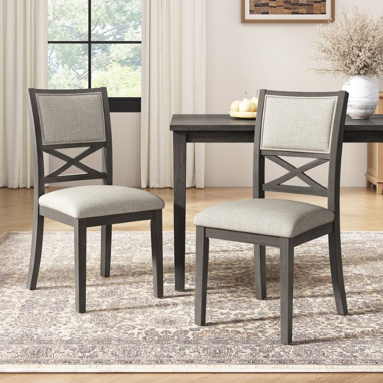 English Elm Upholstered Farmhouse Dining Chair Set with X-Back Foam Seat and Rubberwood Legs Dark Gray + Beige N842P492642G