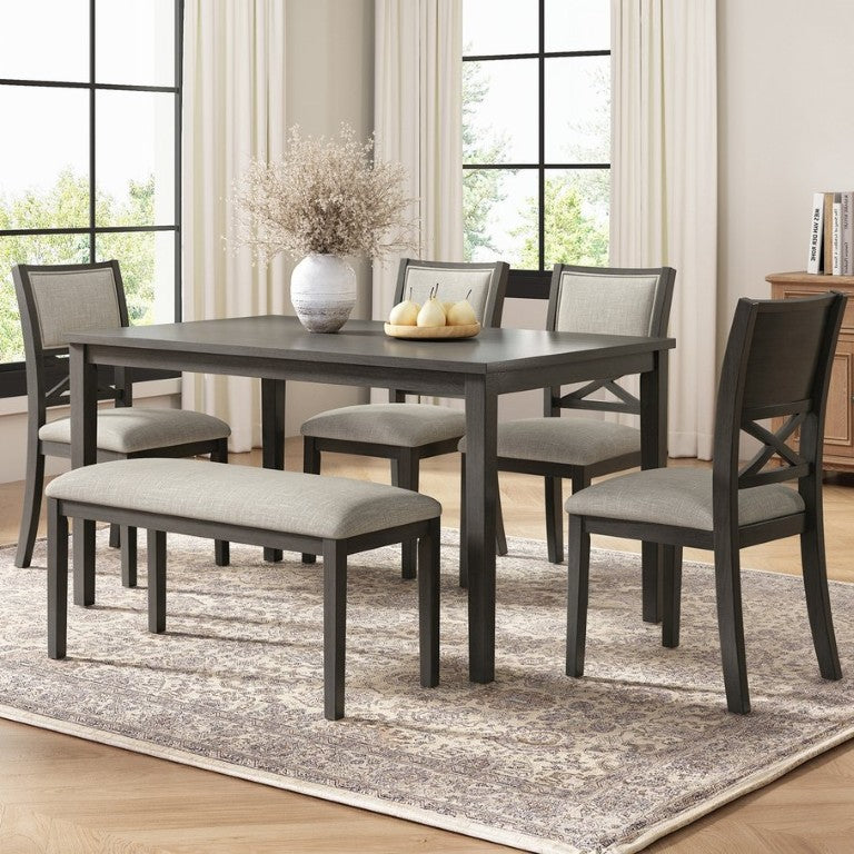 English Elm 6-Piece Dining Set Rubberwood Legs Cross Back Chairs Bench Linen Cushions Seats Six N842S000042G