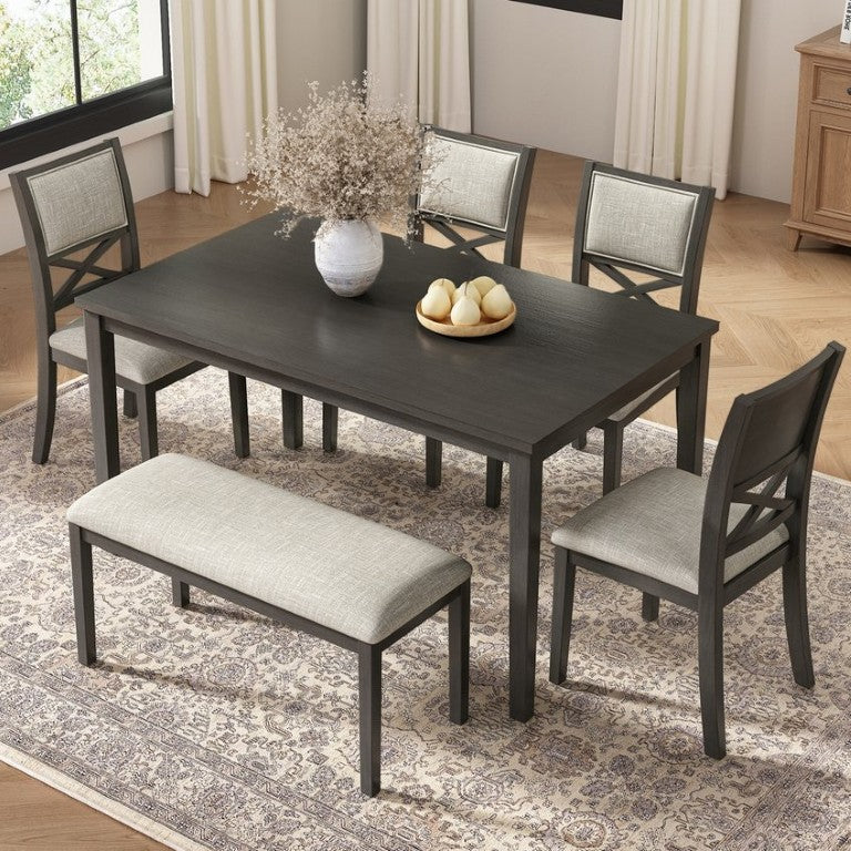 English Elm 6-Piece Dining Set Rubberwood Legs Cross Back Chairs Bench Linen Cushions Seats Six N842S000042G