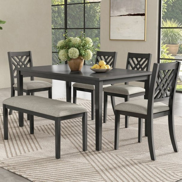 English Elm Dining Set with Cross Back Chairs and Bench Rubberwood Legs Farmhouse Style Seats Six Dark Gray + Beige Cushion Set for 6 N842S000043G