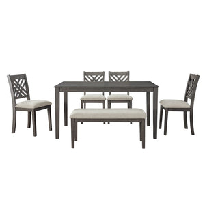English Elm Dining Set with Cross Back Chairs and Bench Rubberwood Legs Farmhouse Style Seats Six Dark Gray + Beige Cushion Set for 6 N842S000043G