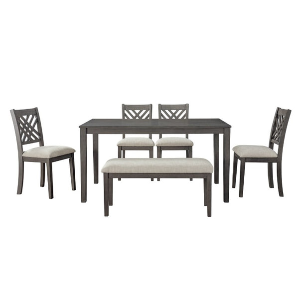 English Elm Dining Set with Cross Back Chairs and Bench Rubberwood Legs Farmhouse Style Seats Six Dark Gray + Beige Cushion Set for 6 N842S000043G