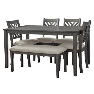English Elm Dining Set with Cross Back Chairs and Bench Rubberwood Legs Farmhouse Style Seats Six Dark Gray + Beige Cushion Set for 6 N842S000043G