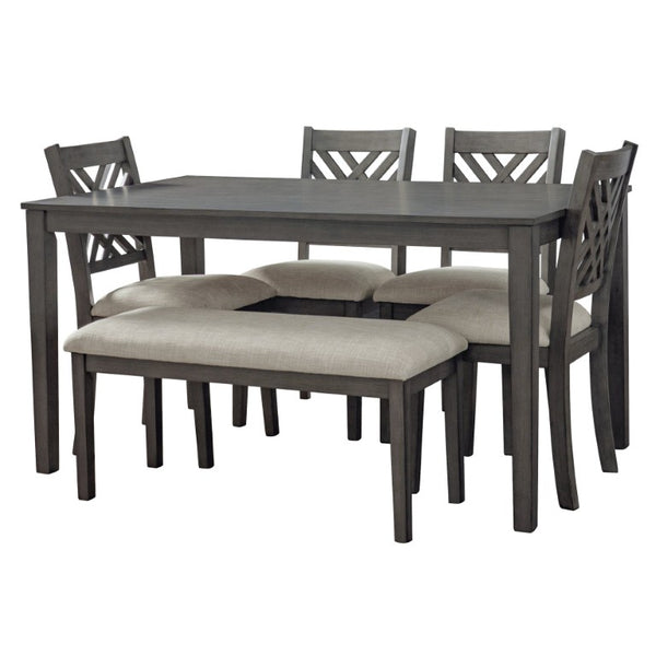English Elm Dining Set with Cross Back Chairs and Bench Rubberwood Legs Farmhouse Style Seats Six Dark Gray + Beige Cushion Set for 6 N842S000043G