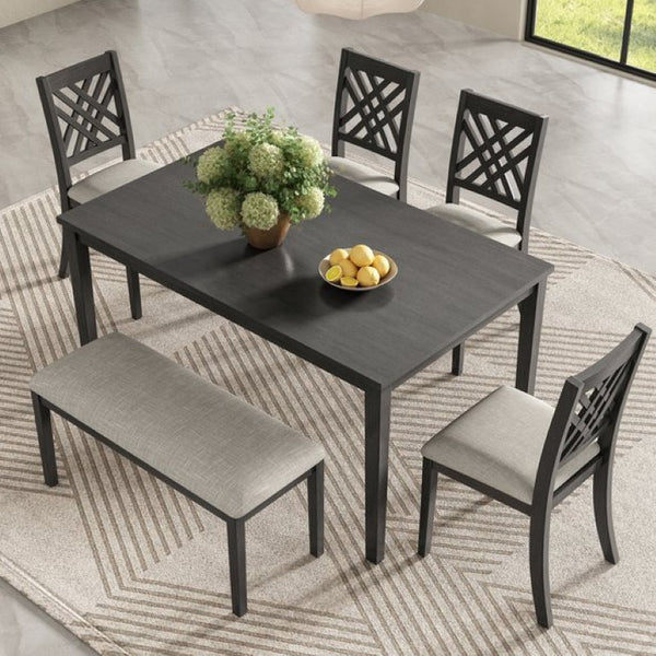 English Elm Dining Set with Cross Back Chairs and Bench Rubberwood Legs Farmhouse Style Seats Six Dark Gray + Beige Cushion Set for 6 N842S000043G