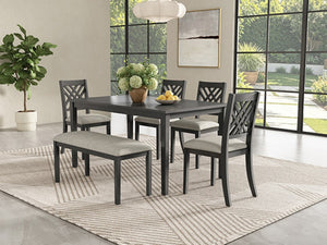 English Elm Dining Set with Cross Back Chairs and Bench Rubberwood Legs Farmhouse Style Seats Six Dark Gray + Beige Cushion Set for 6 N842S000043G