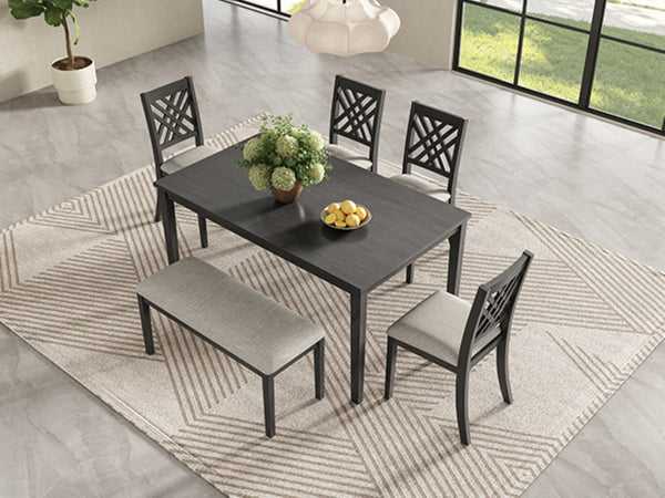 English Elm Dining Set with Cross Back Chairs and Bench Rubberwood Legs Farmhouse Style Seats Six Dark Gray + Beige Cushion Set for 6 N842S000043G