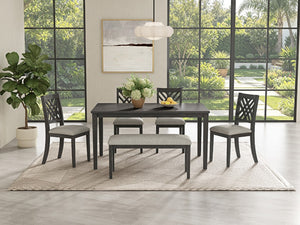 English Elm Dining Set with Cross Back Chairs and Bench Rubberwood Legs Farmhouse Style Seats Six Dark Gray + Beige Cushion Set for 6 N842S000043G