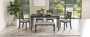 English Elm Dining Set with Cross Back Chairs and Bench Rubberwood Legs Farmhouse Style Seats Six Dark Gray + Beige Cushion Set for 6 N842S000043G