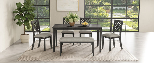 English Elm Dining Set with Cross Back Chairs and Bench Rubberwood Legs Farmhouse Style Seats Six Dark Gray + Beige Cushion Set for 6 N842S000043G