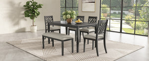 English Elm Dining Set with Cross Back Chairs and Bench Rubberwood Legs Farmhouse Style Seats Six Dark Gray + Beige Cushion Set for 6 N842S000043G