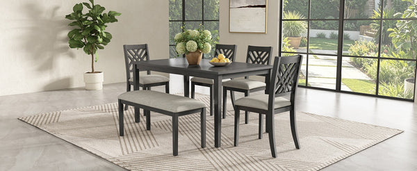 English Elm Dining Set with Cross Back Chairs and Bench Rubberwood Legs Farmhouse Style Seats Six Dark Gray + Beige Cushion Set for 6 N842S000043G